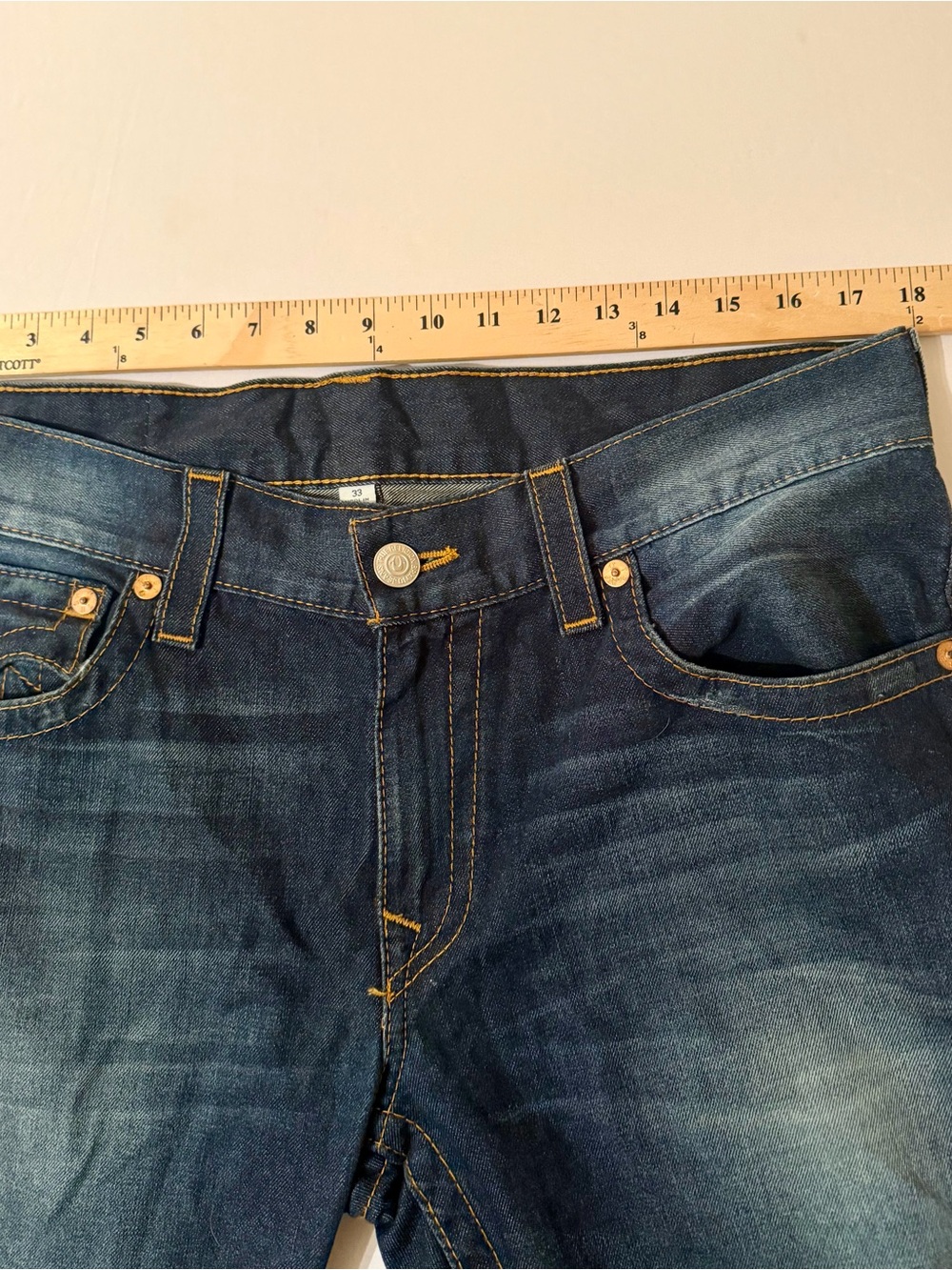 True Religion Ricky Big T Jeans 33x34 Blue Thick Stitch Flap Pockets Made In USA - Picture 15 of 16